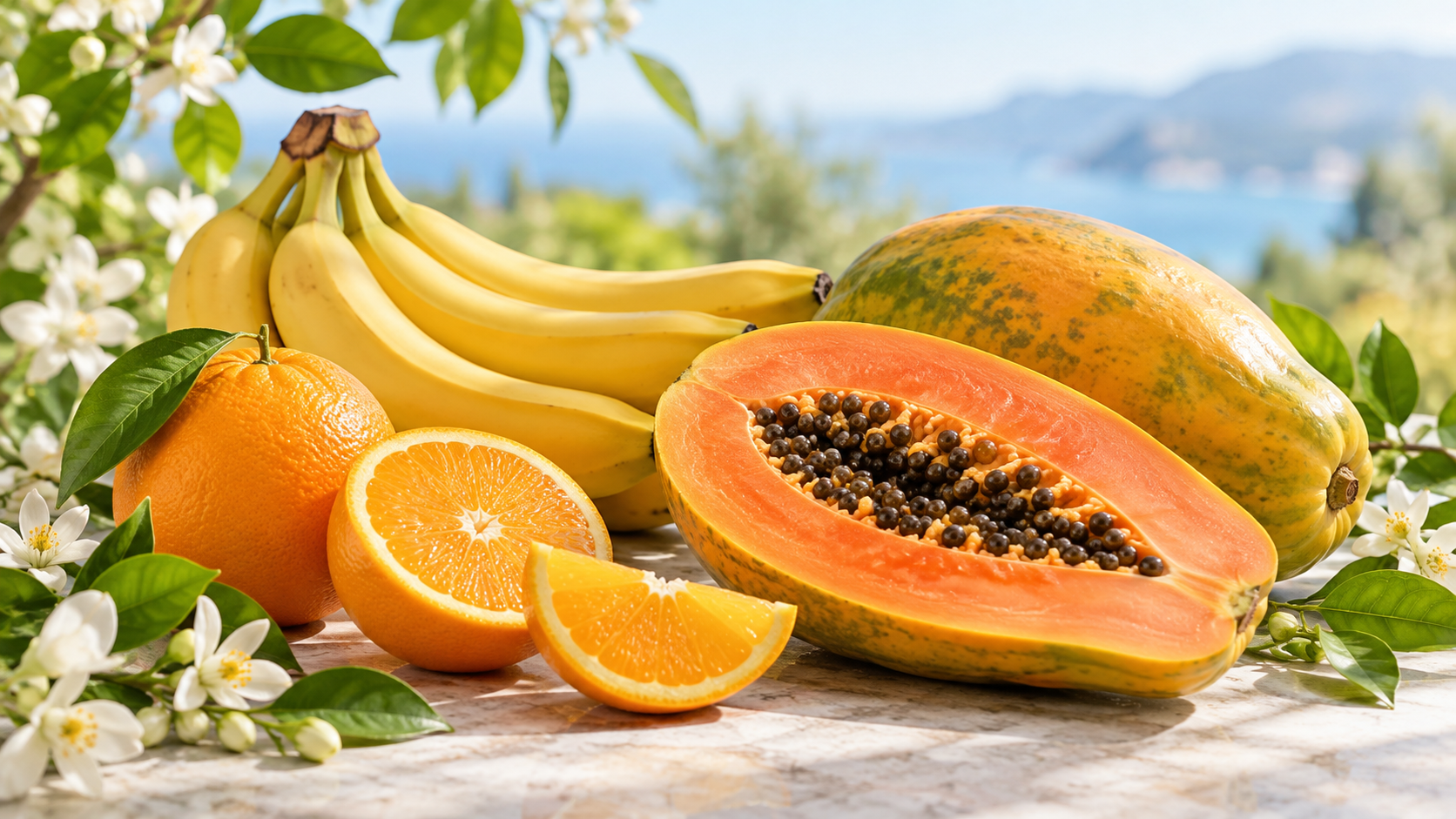 Três frutas para deixar sua primavera mais gostosa: banana, mamão e laranja